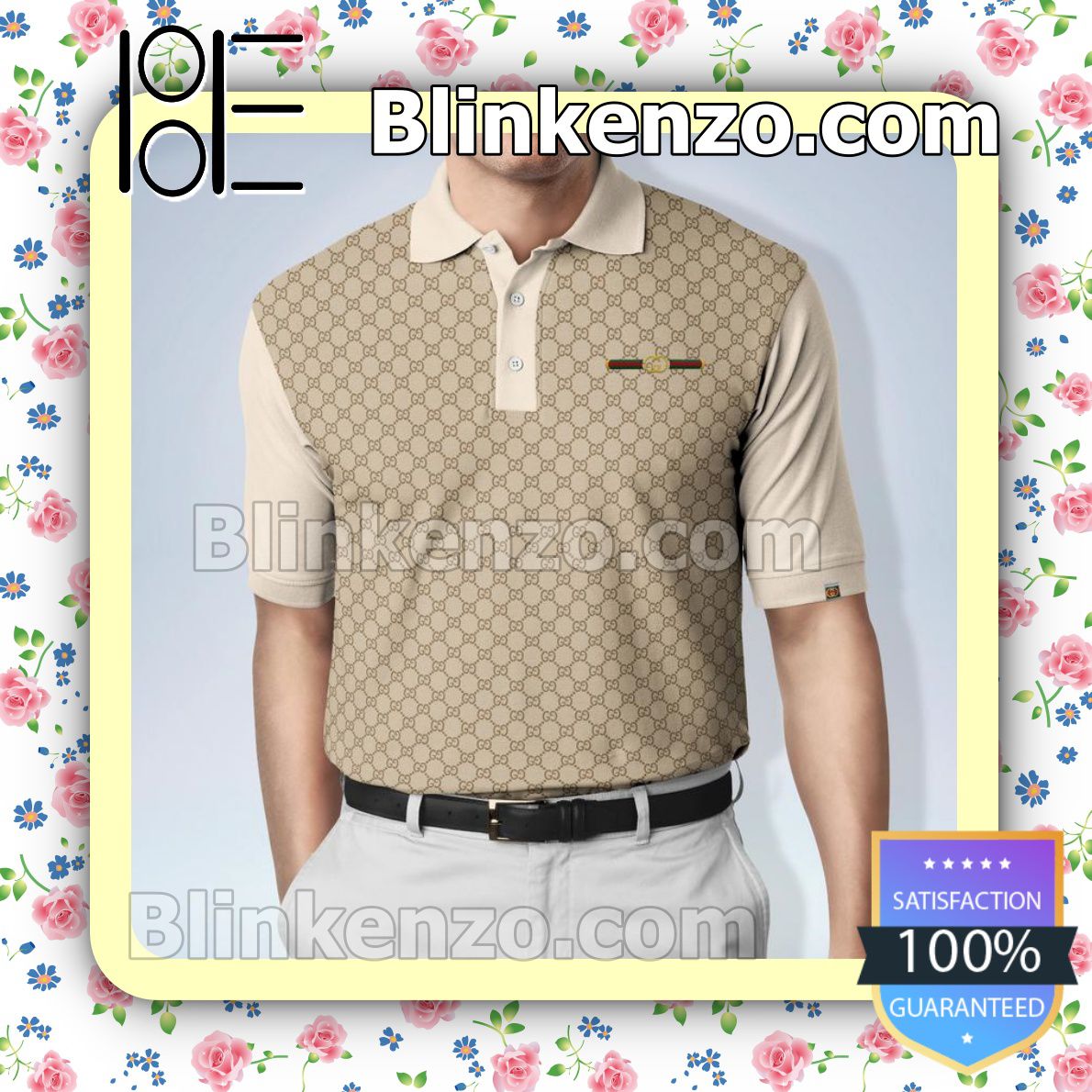 Gucci Monogram With Stripe Logo Beige Embroidered Polo Shirts