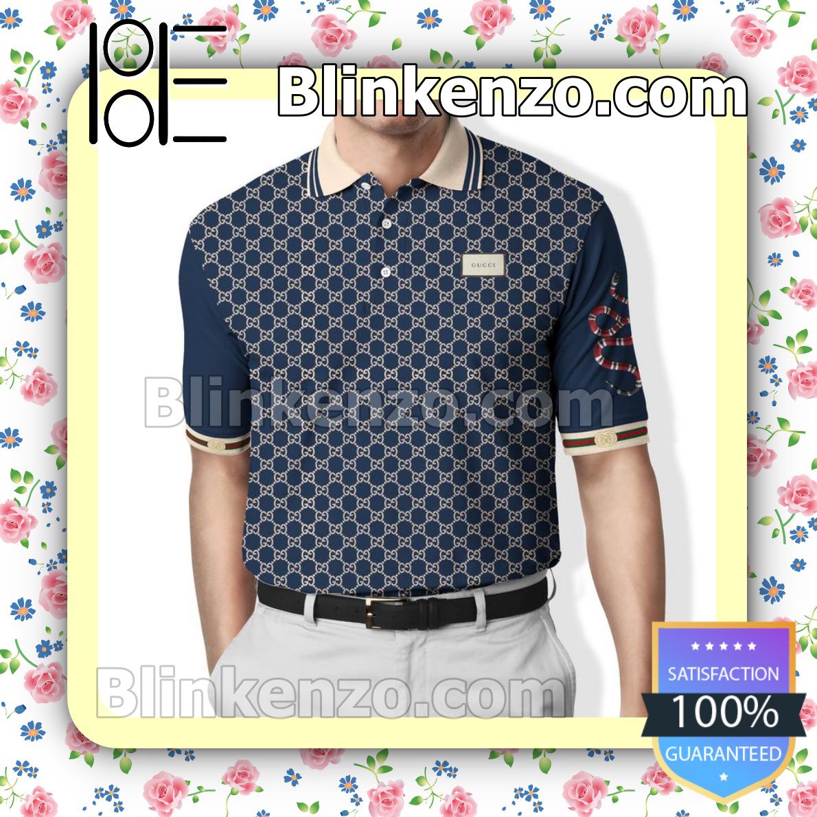 Gucci Navy Monogram With Snake On Left Sleeve Embroidered Polo Shirts