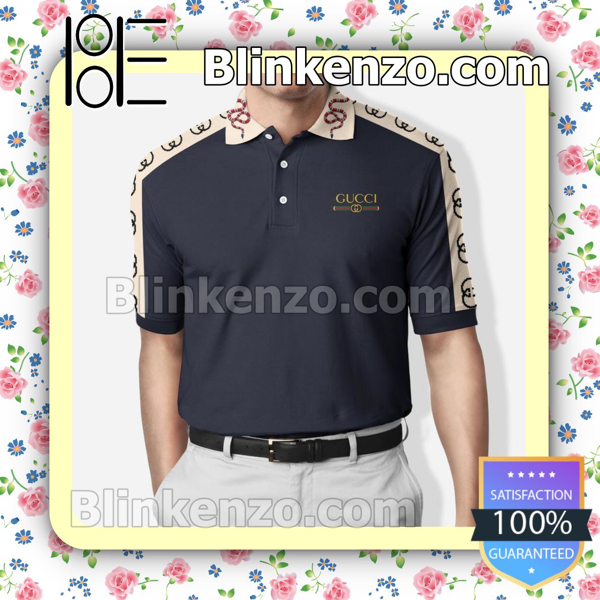 Gucci Navy With Snake On Collar Embroidered Polo Shirts