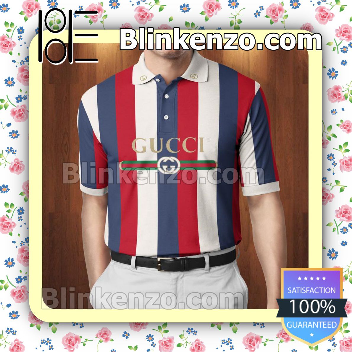 Gucci Red White And Navy Vertical Stripes Embroidered Polo Shirts