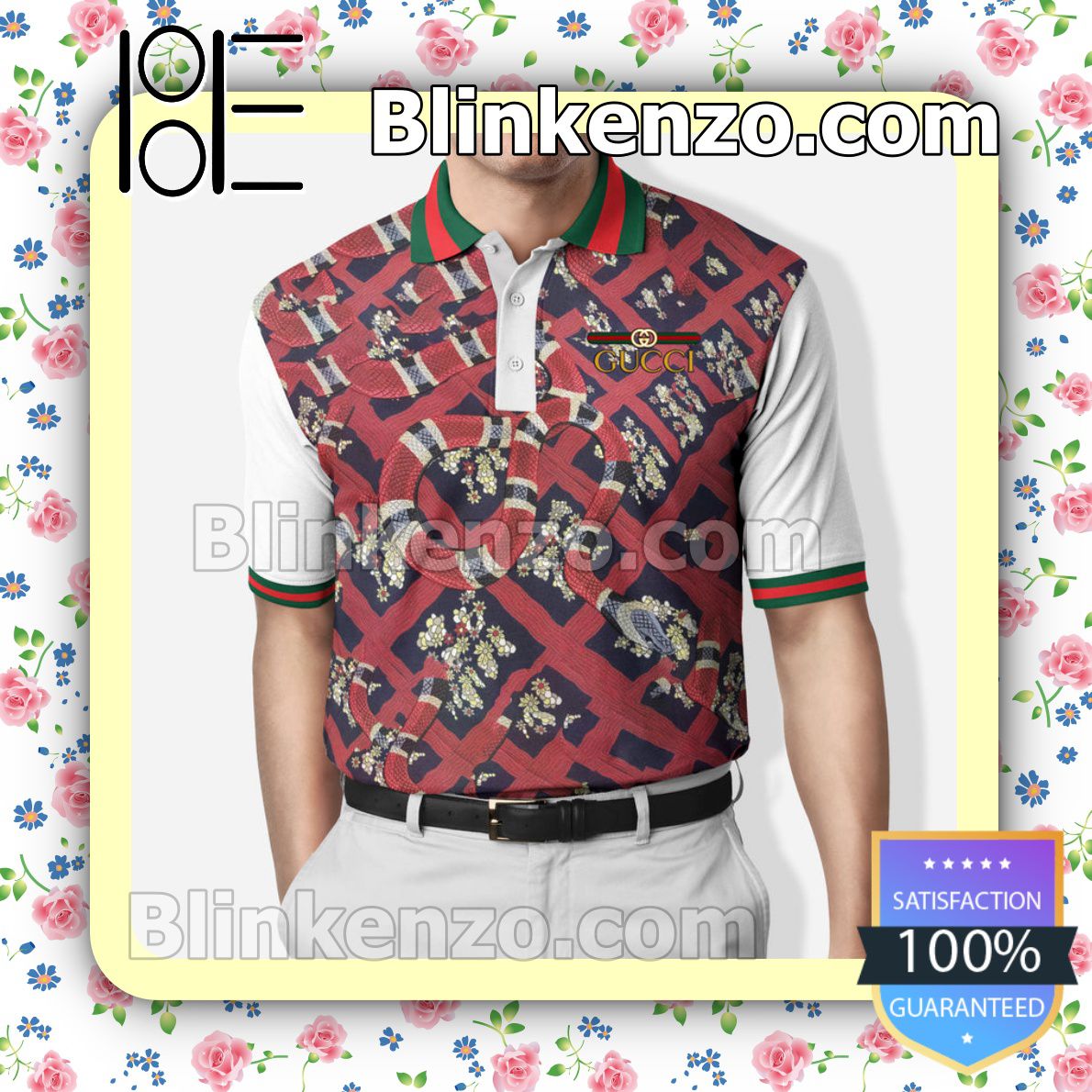 Gucci Snake And Flower Full Print Embroidered Polo Shirts