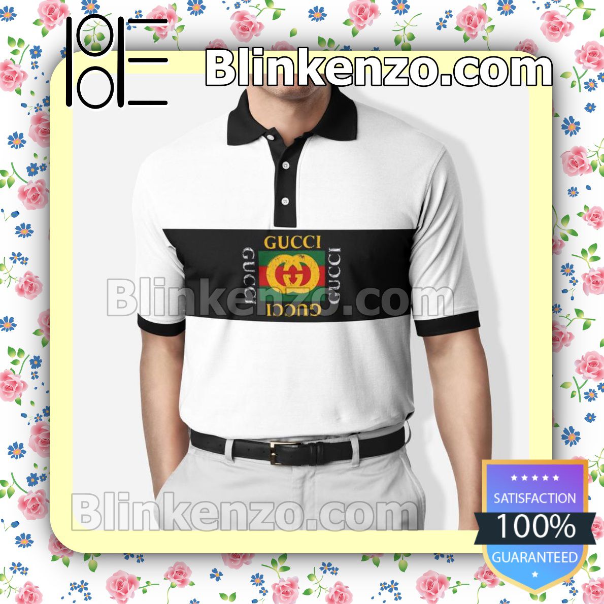 Gucci Square Logo Mix White And Black Embroidered Polo Shirts