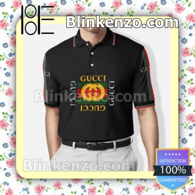 Gucci Squares Logo Mix Stripe Black Embroidered Polo Shirts