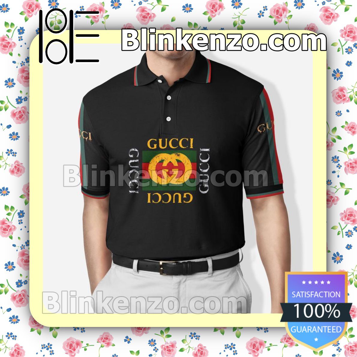 Get Here Gucci Squares Logo Mix Stripe Black Embroidered Polo Shirts