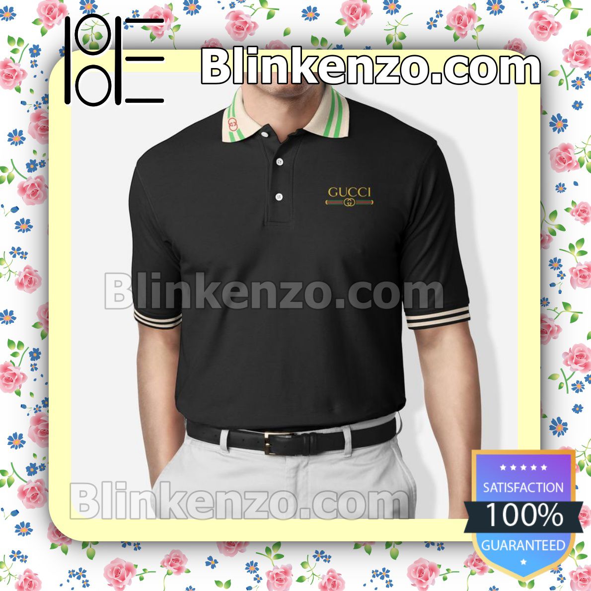 Gucci Stripe Logo Black Embroidered Polo Shirts
