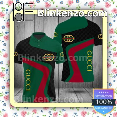 Gucci Stripe Logo Black Monogram Mix Green And Red Embroidered Polo Shirts