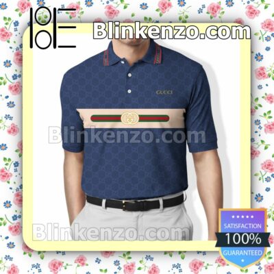 Gucci Stripe Logo Blue Monogram Embroidered Polo Shirts