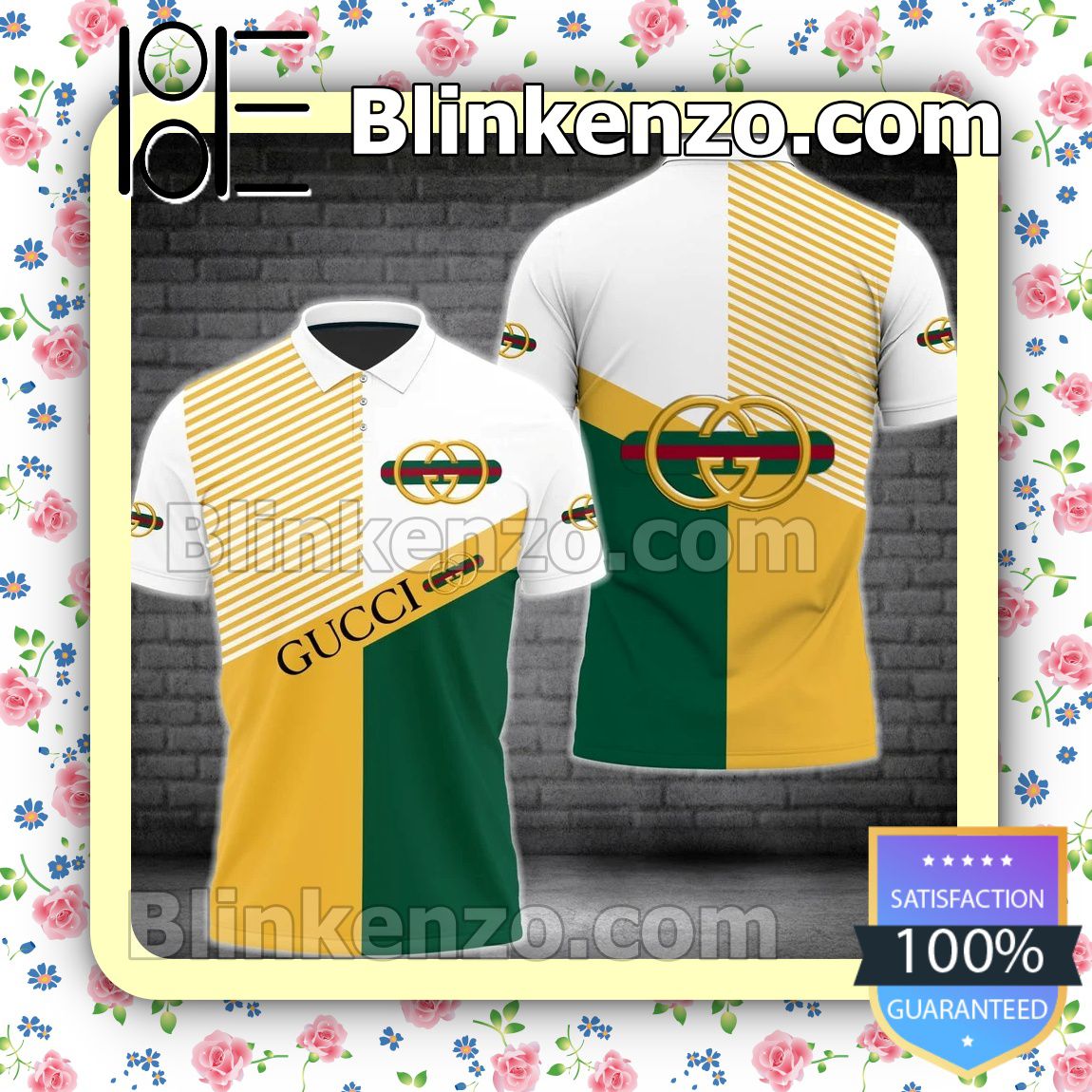 Gucci Stripe Logo White Mix Green And Yellow Embroidered Polo Shirts