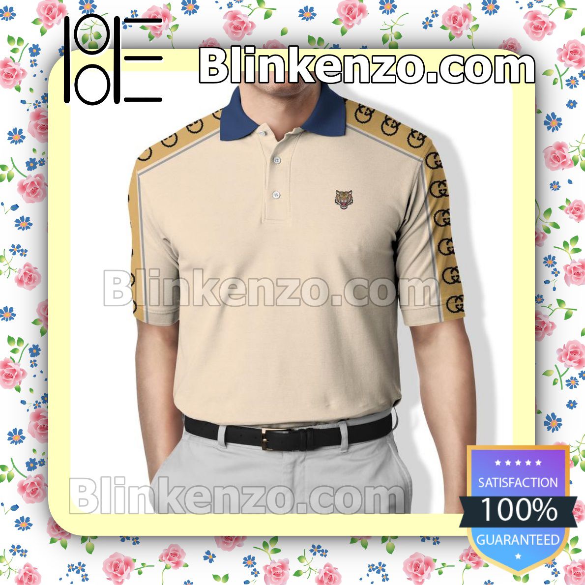 Gucci Tiger Beige Embroidered Polo Shirts