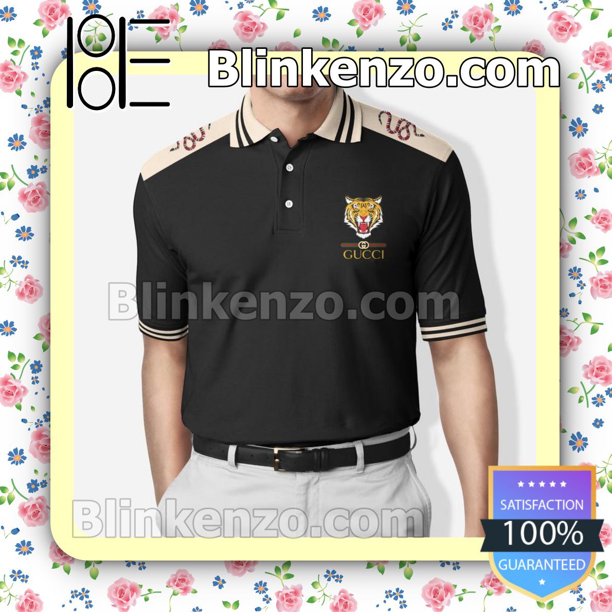 Gucci Tiger Snake Black Embroidered Polo Shirts