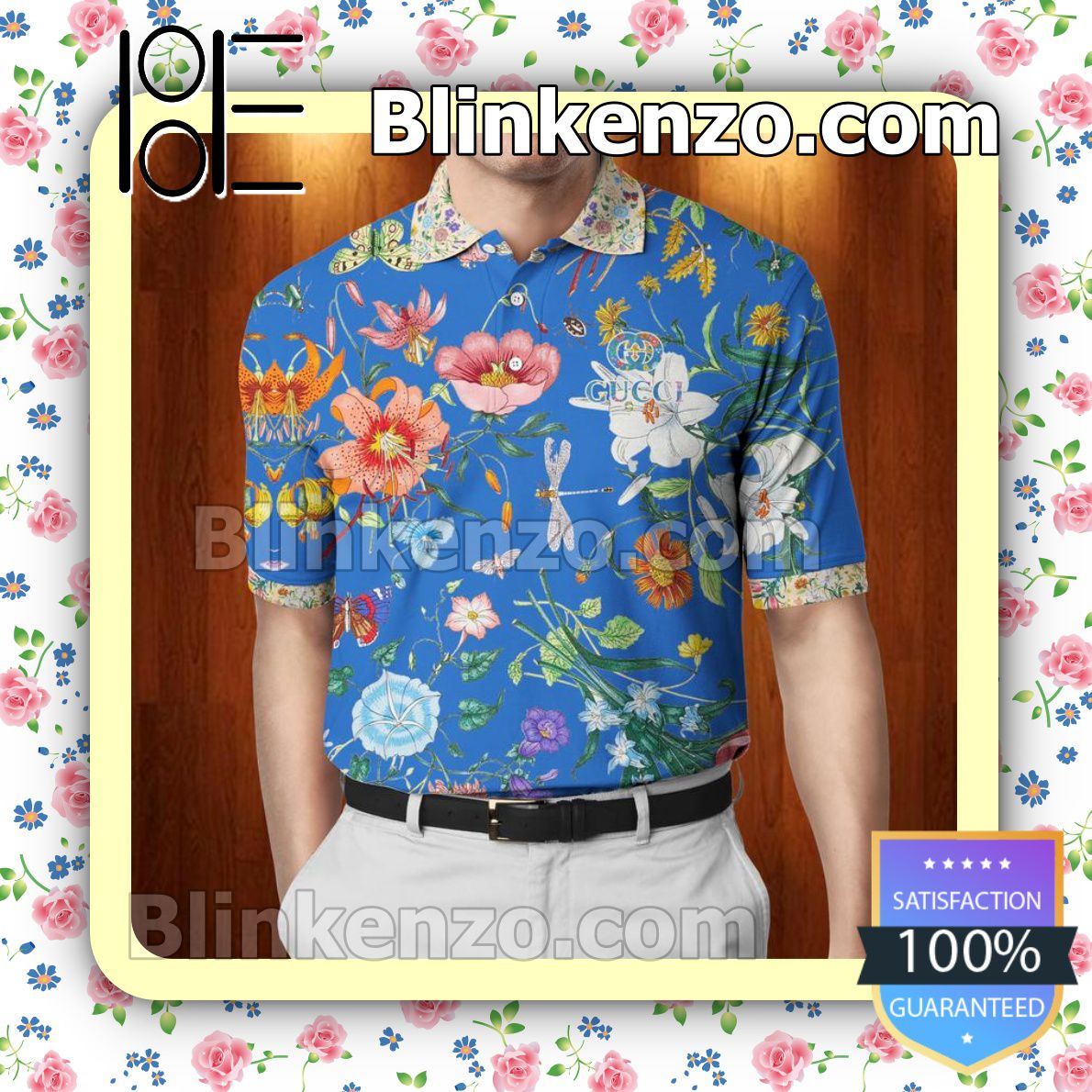 Gucci Vintage Flower Blue Embroidered Polo Shirts