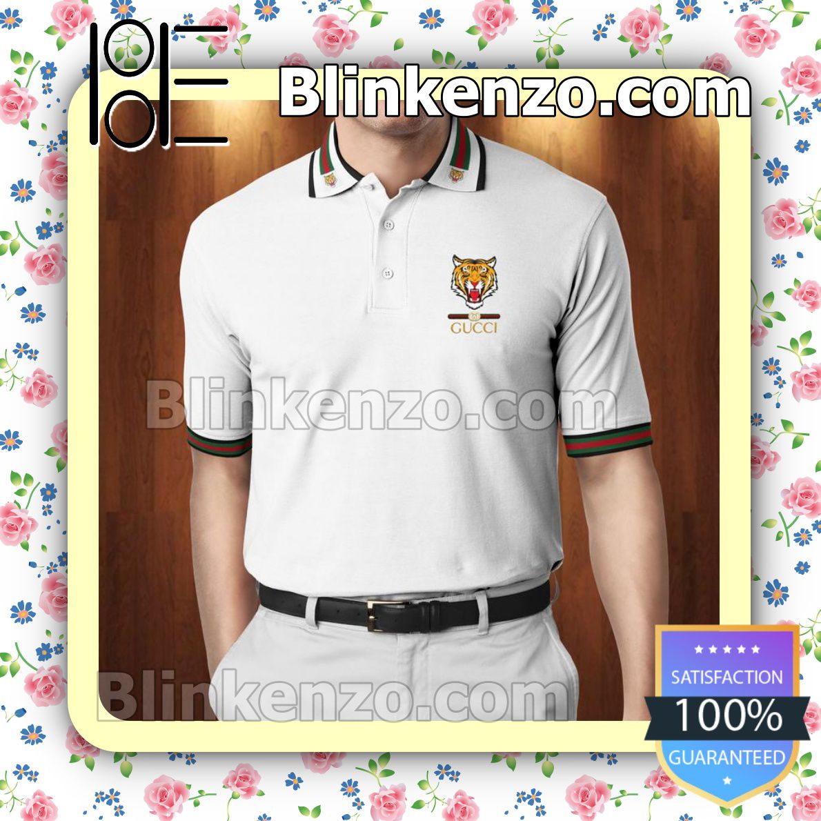 Gucci White Tiger Embroidered Polo Shirts