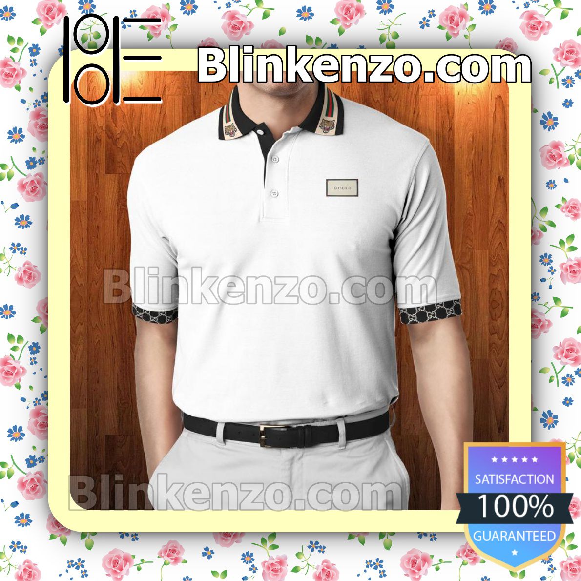 Gucci White With Tiger Stripes On Collar Embroidered Polo Shirts