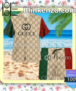 Gucci With Big Logo Center Mix Green Beige And Red Luxury Beach Shirts, Swim Trunks