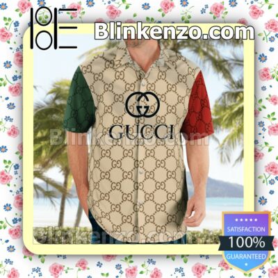 Gucci With Big Logo Center Mix Green Beige And Red Luxury Beach Shirts, Swim Trunks a