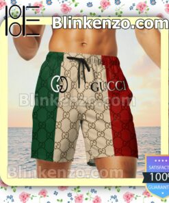 Gucci With Big Logo Center Mix Green Beige And Red Luxury Beach Shirts, Swim Trunks c
