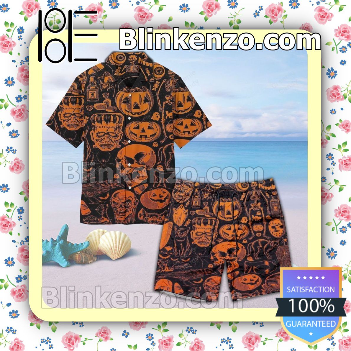Halloween Pattern Summer Hawaiian Shirt, Mens Shorts