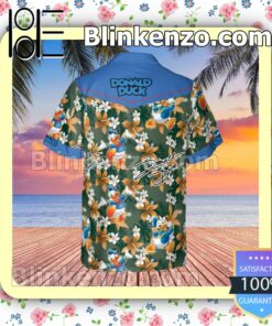 Happy Donald Disney Cartoon Graphics Floral Pattern Blue Summer Hawaiian Shirt, Mens Shorts a