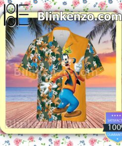 Happy Goofy Disney Cartoon Graphics Floral Pattern Orange Summer Hawaiian Shirt, Mens Shorts