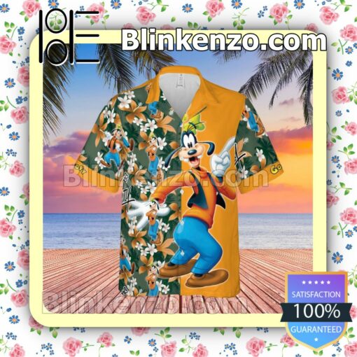 Happy Goofy Disney Cartoon Graphics Floral Pattern Orange Summer Hawaiian Shirt, Mens Shorts