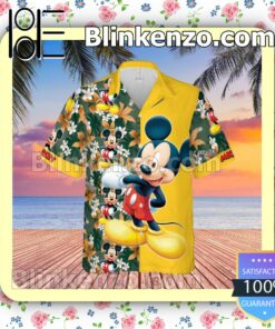 Happy Mickey Disney Cartoon Graphics Floral Pattern Yellow Summer Hawaiian Shirt, Mens Shorts