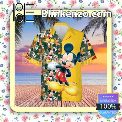 Happy Mickey Disney Cartoon Graphics Floral Pattern Yellow Summer Hawaiian Shirt, Mens Shorts