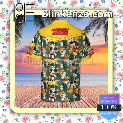 Happy Mickey Disney Cartoon Graphics Floral Pattern Yellow Summer Hawaiian Shirt, Mens Shorts a