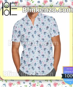 Happy Stitch Pattern Disney Cartoon Graphics Light Blue Summer Hawaiian Shirt, Mens Shorts