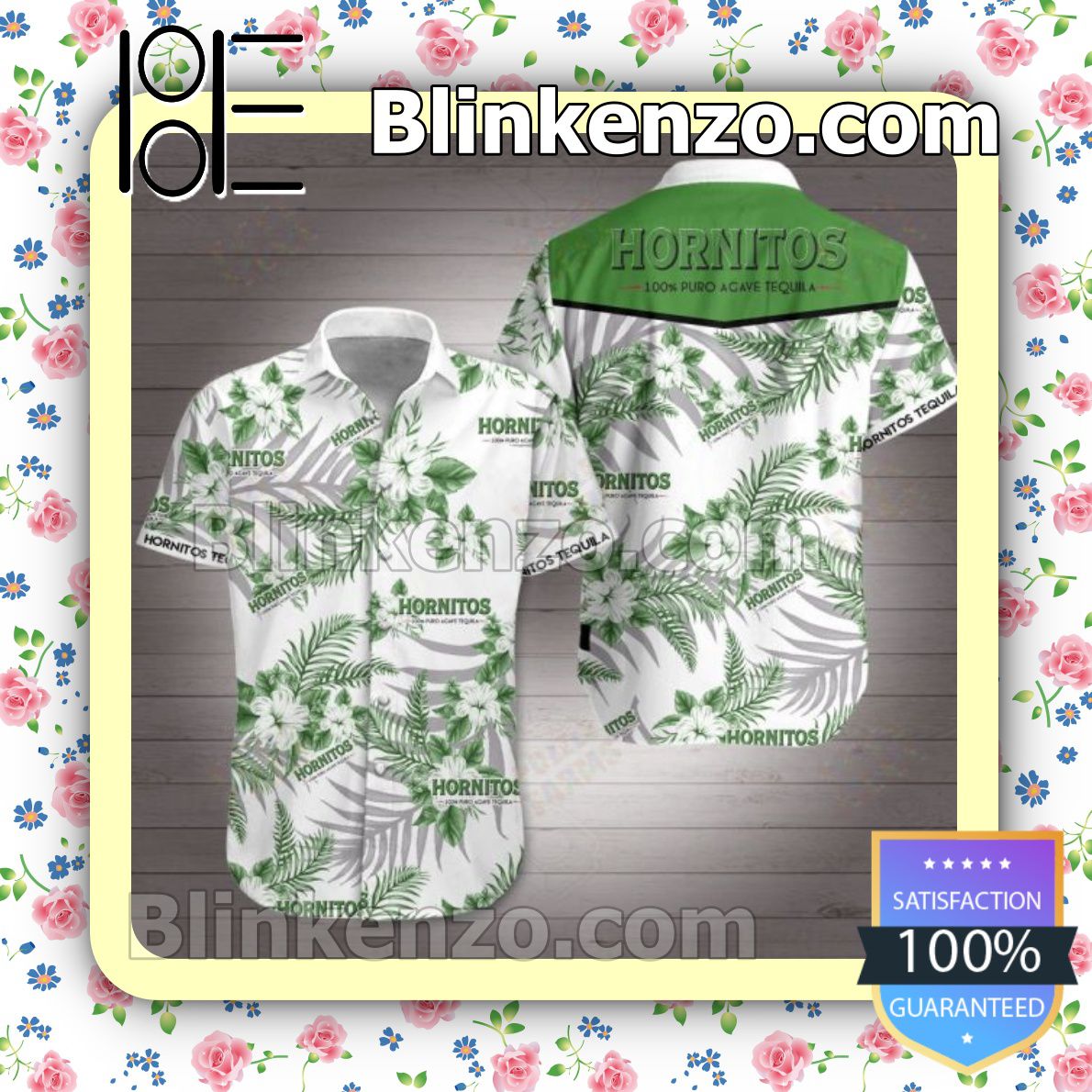 Hornitos Tequila Green Tropical Floral White Summer Shirts