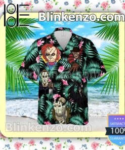 Horror Characters Cartoon Graphics Palm Leaves Black Summer Hawaiian Shirt, Mens Shorts