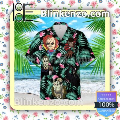 Horror Characters Cartoon Graphics Palm Leaves Black Summer Hawaiian Shirt, Mens Shorts