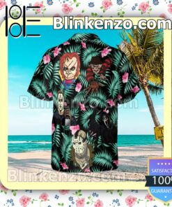 Horror Characters Cartoon Graphics Palm Leaves Black Summer Hawaiian Shirt, Mens Shorts a