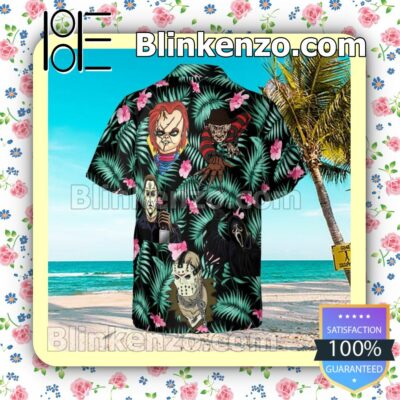 Horror Characters Cartoon Graphics Palm Leaves Black Summer Hawaiian Shirt, Mens Shorts a