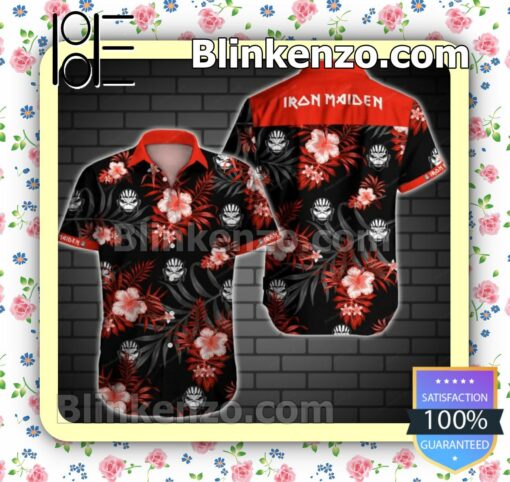 Iron Maiden Red Tropical Floral Black Summer Shirts