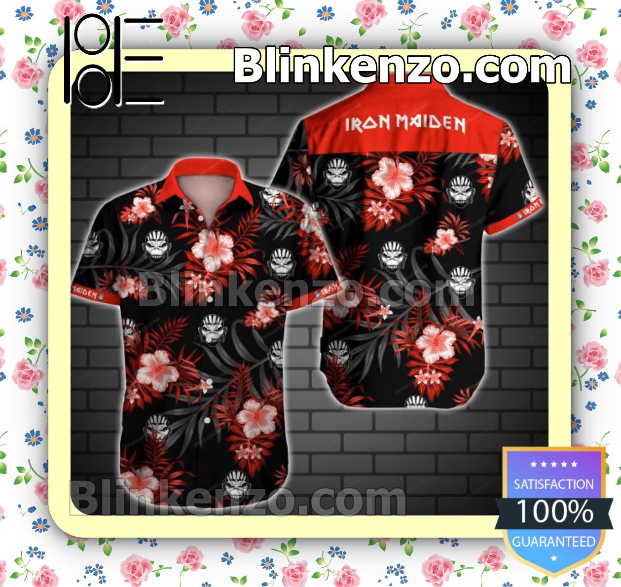 Iron Maiden Red Tropical Floral Black Summer Shirts