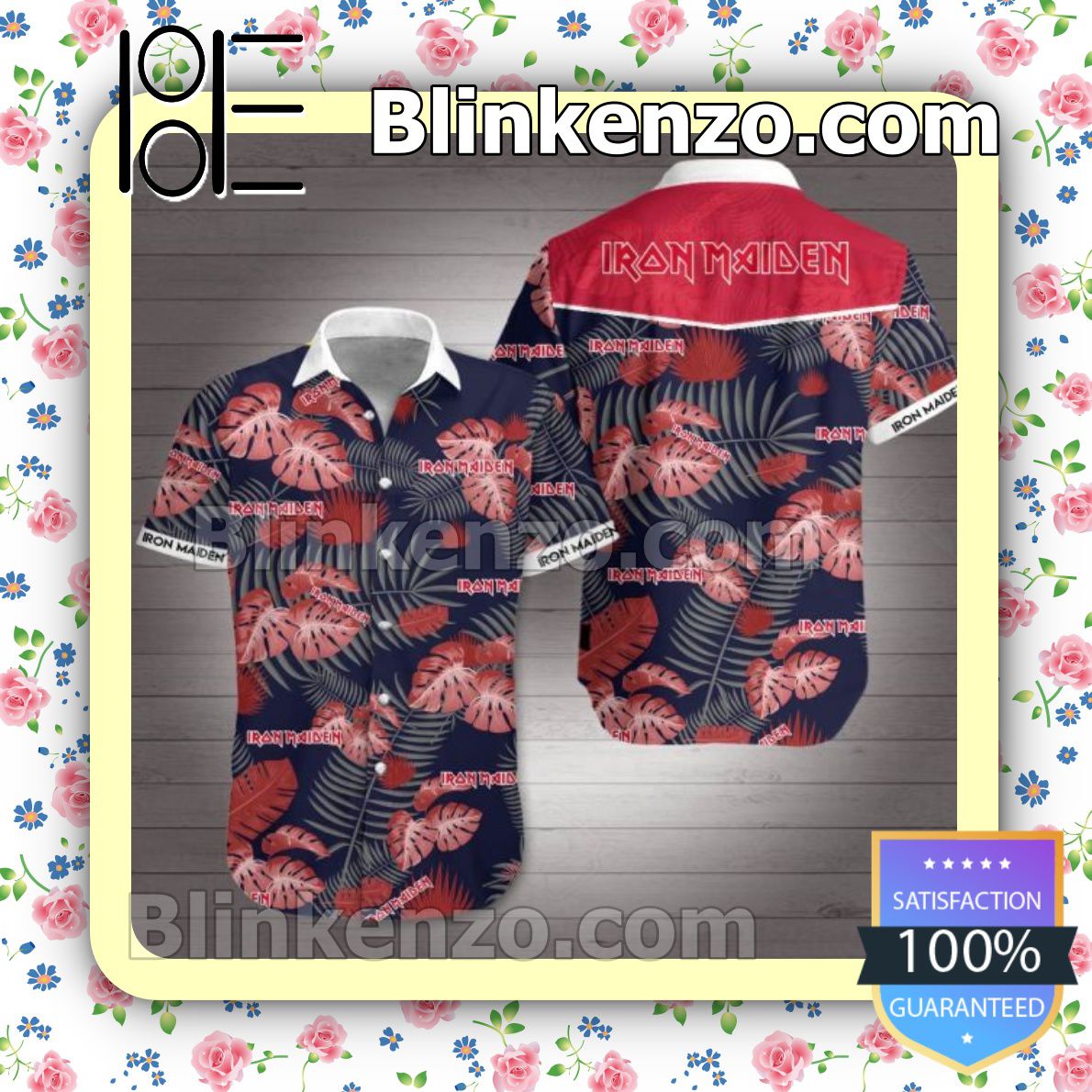 Iron Maiden Red Tropical Leaves Navy Summer Shirts