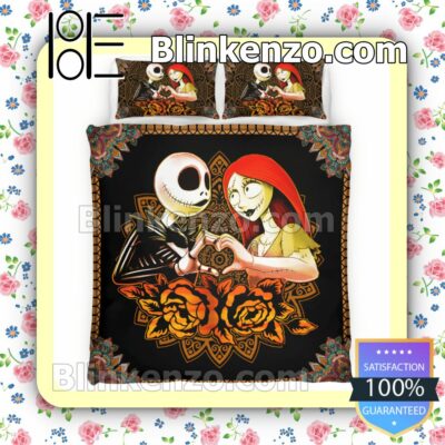 Jack And Sally Love Orange Mandala Flower Queen King Quilt Blanket Set