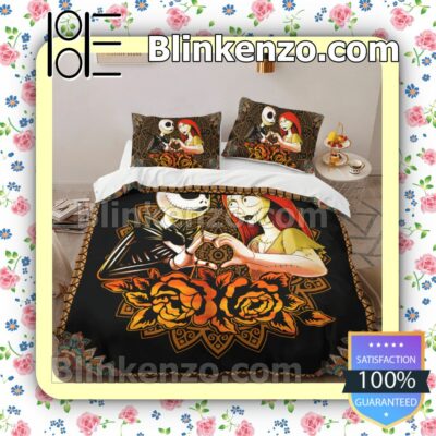 Jack And Sally Love Orange Mandala Flower Queen King Quilt Blanket Set b