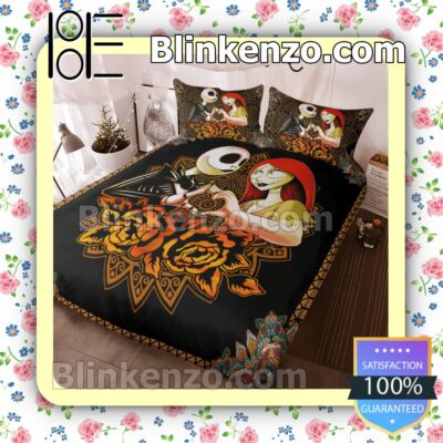Jack And Sally Love Orange Mandala Flower Queen King Quilt Blanket Set c