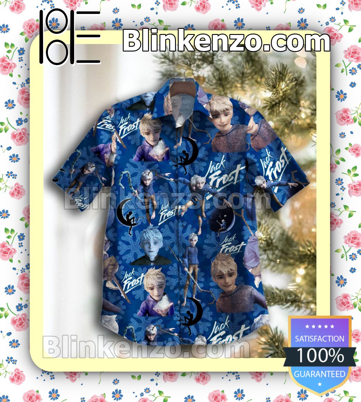 Jack Frost Snow Flower Print Blue Casual Button-down Shirts