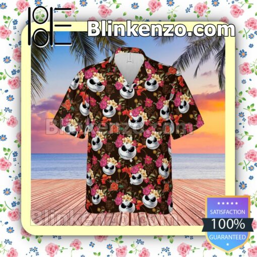 Jack Skellington Disney Floral Pattern Summer Hawaiian Shirt, Mens Shorts