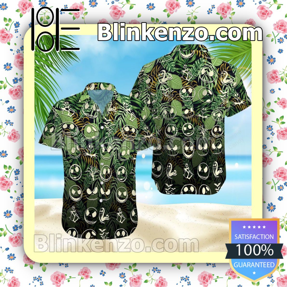 Jack Skellington Green Floral Unisex Summer Hawaiian Shirt, Mens Shorts