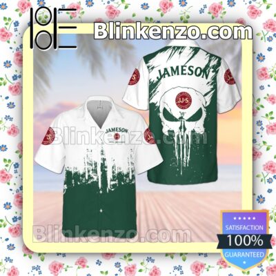 Jameson Irish Whiskey Skull White Dark Green Summer Hawaiian Shirt