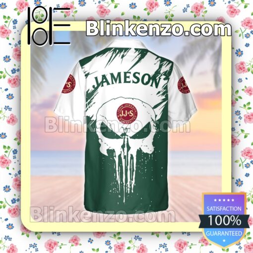 Jameson Irish Whiskey Skull White Dark Green Summer Hawaiian Shirt b