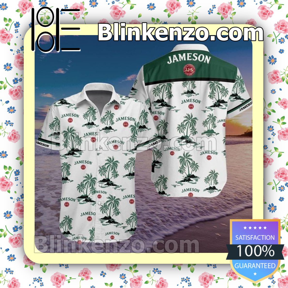 Jameson Irish Whiskey White Palm Tree Summer Hawaiian Shirt, Mens Shorts