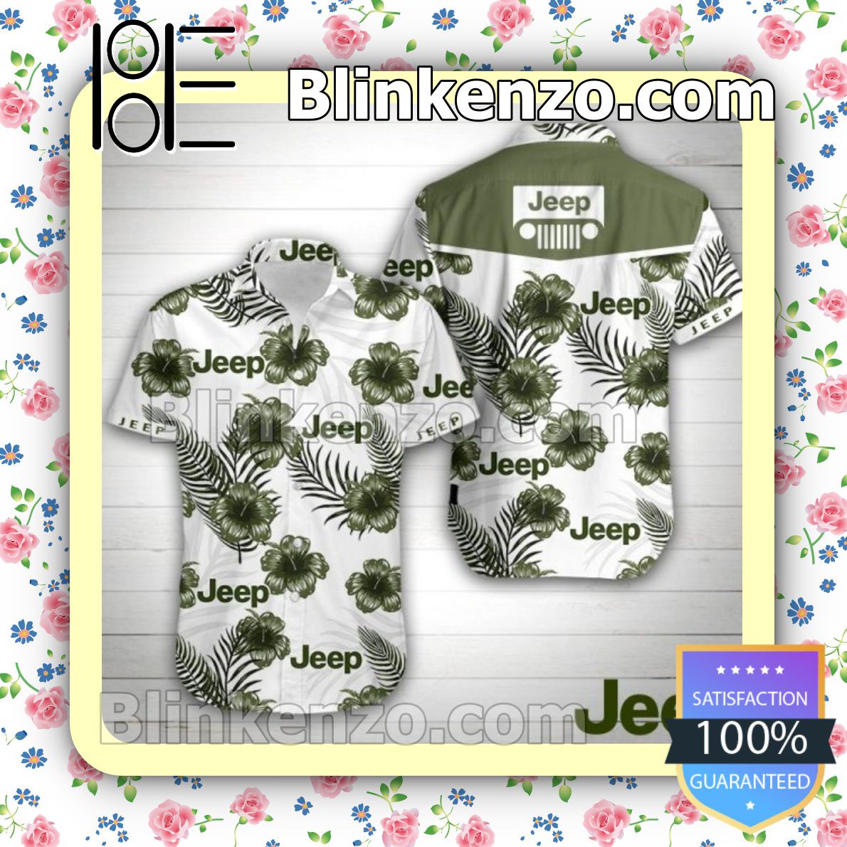 Jeep Green Hibiscus White Summer Shirts
