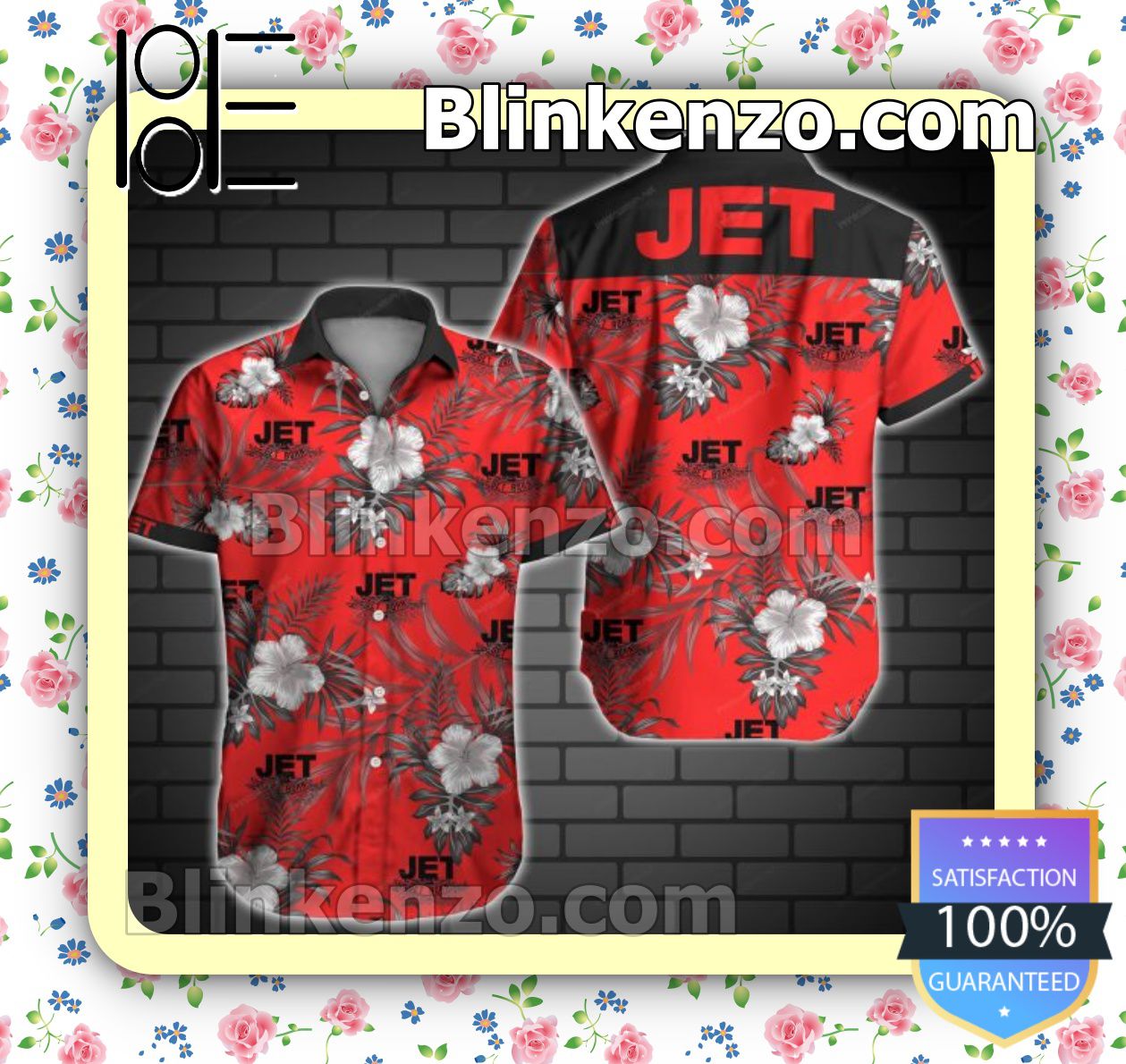 Around Me Jet Black Tropical Floral Red Summer Shirts