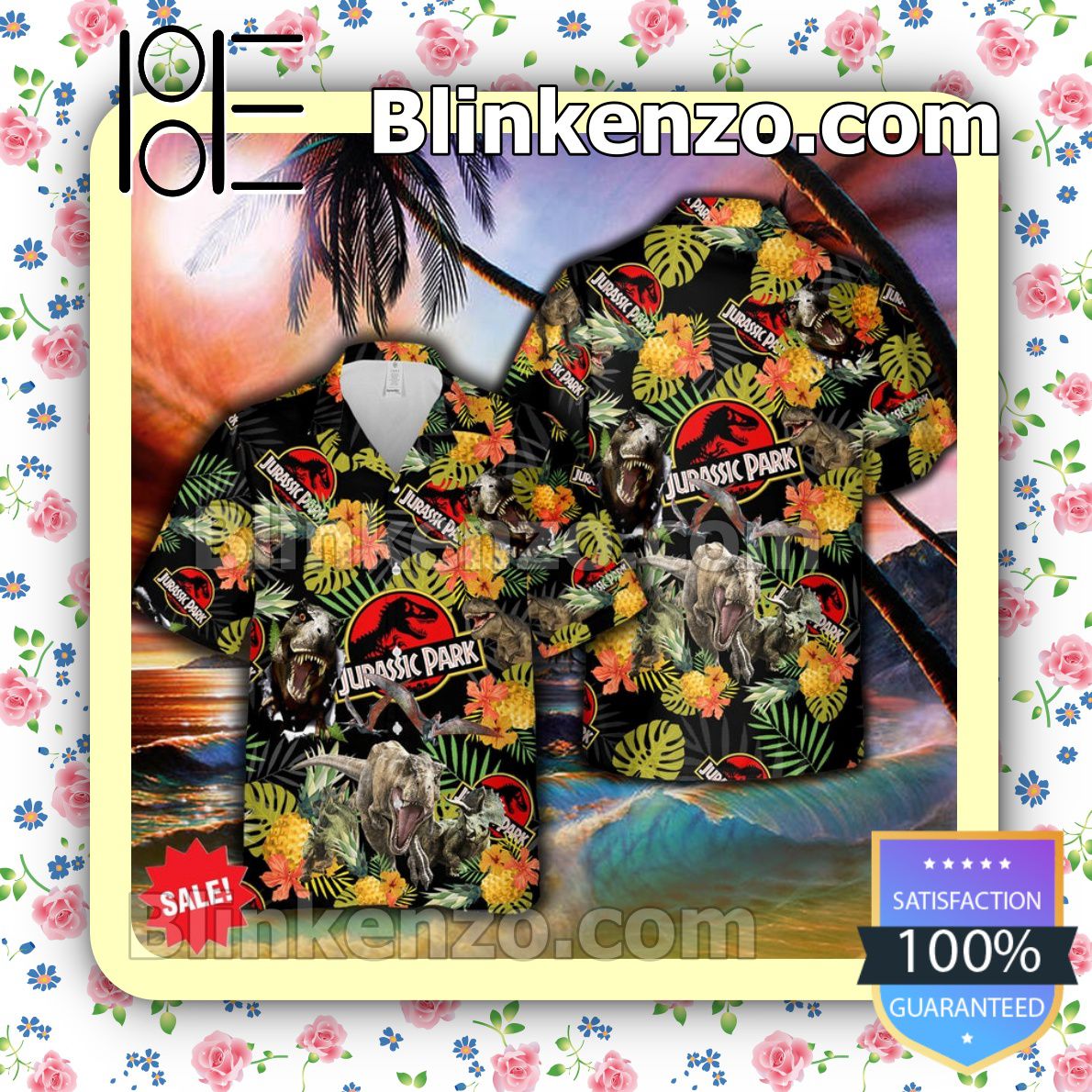 Jurasic Park Logo Dinosaur Black Summer Hawaiian Shirt, Mens Shorts