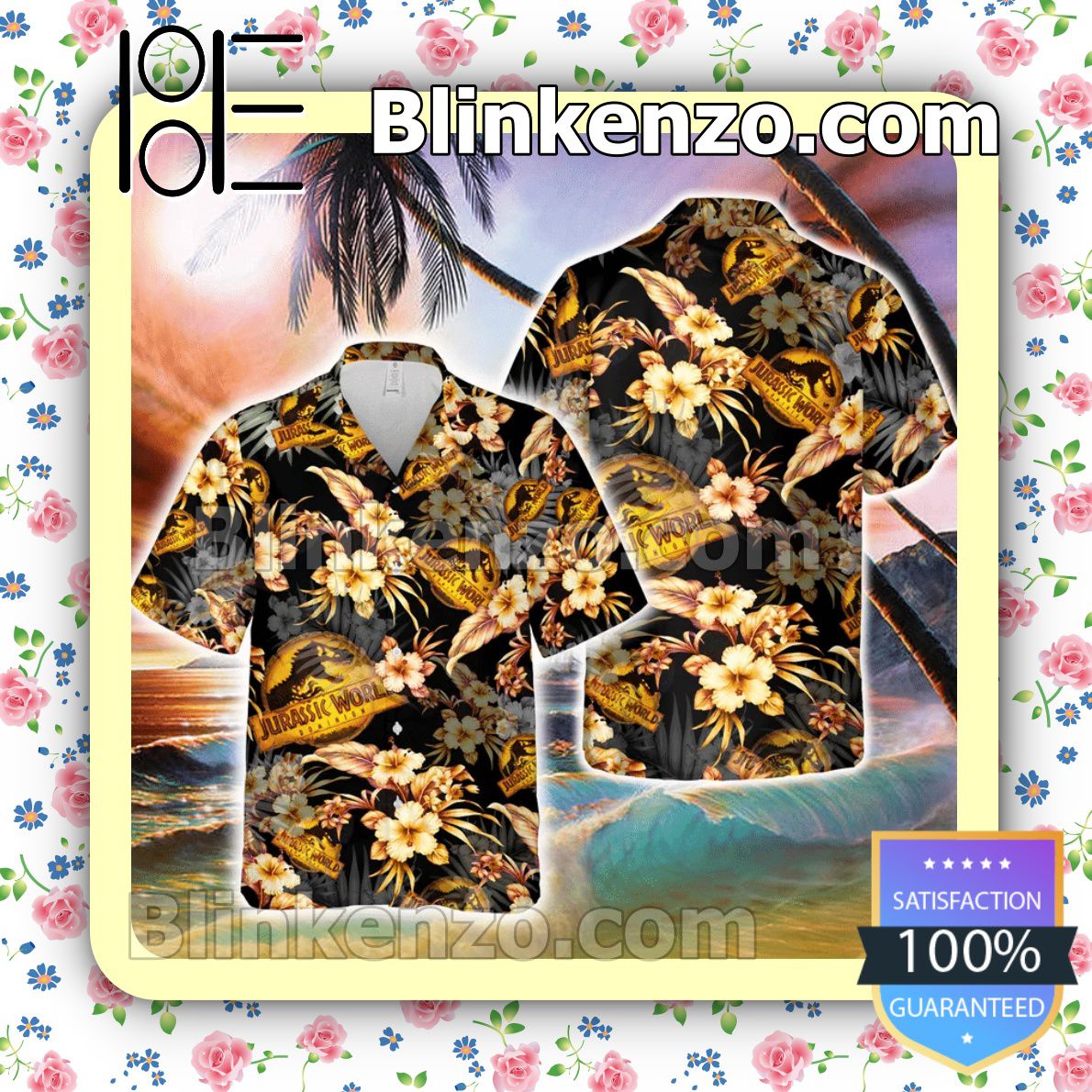 Jurasic World Logo Tropical Hibicus Black Summer Hawaiian Shirt, Mens Shorts