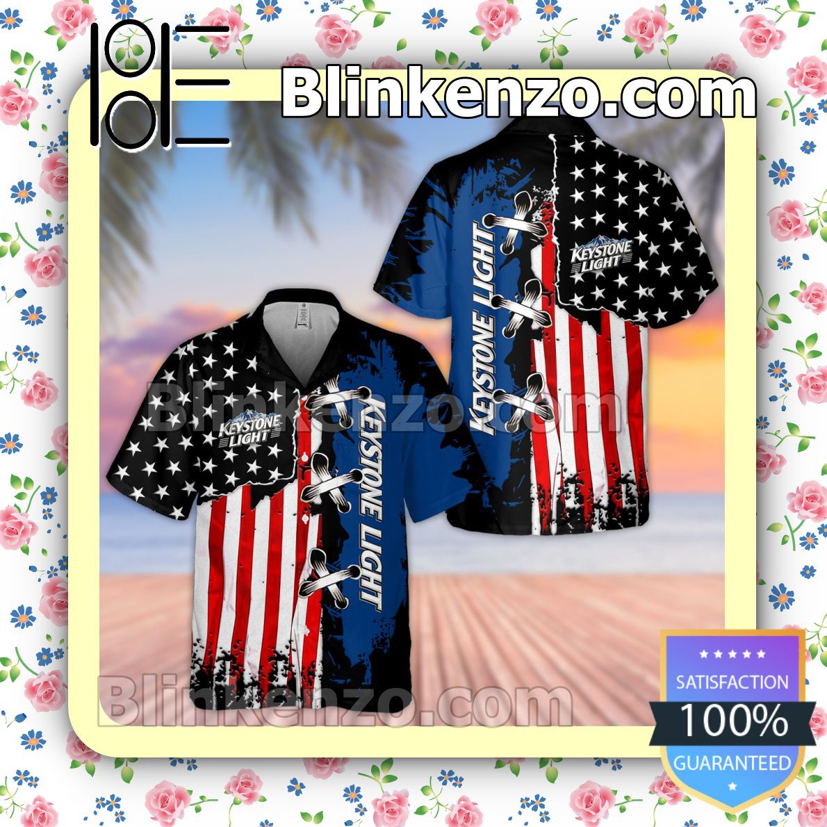 Keystone Light USA Flag Cross Stitch Black Blue Summer Hawaiian Shirt, Mens Shorts